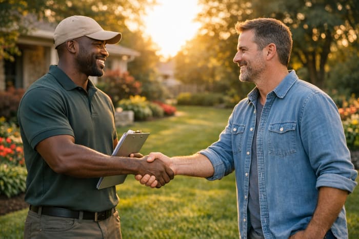 Landscape contractor shaking hands with a homeowner in front of a well-maintained residential yard