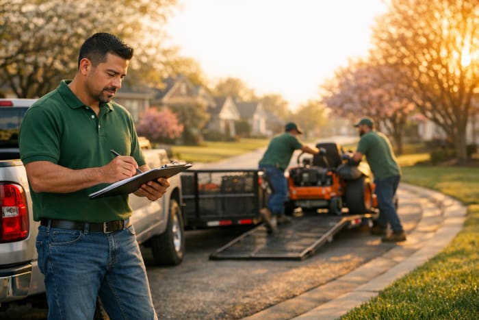 Landscaping crew leader reviewing spring route checklist beside a truck while directing crew members loading a commercial mower onto a trailer at sunrise