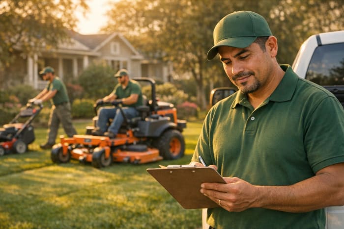 Landscaping crew leader reviewing flat rate vs hourly billing on a clipboard beside his pickup truck while crew mows in background