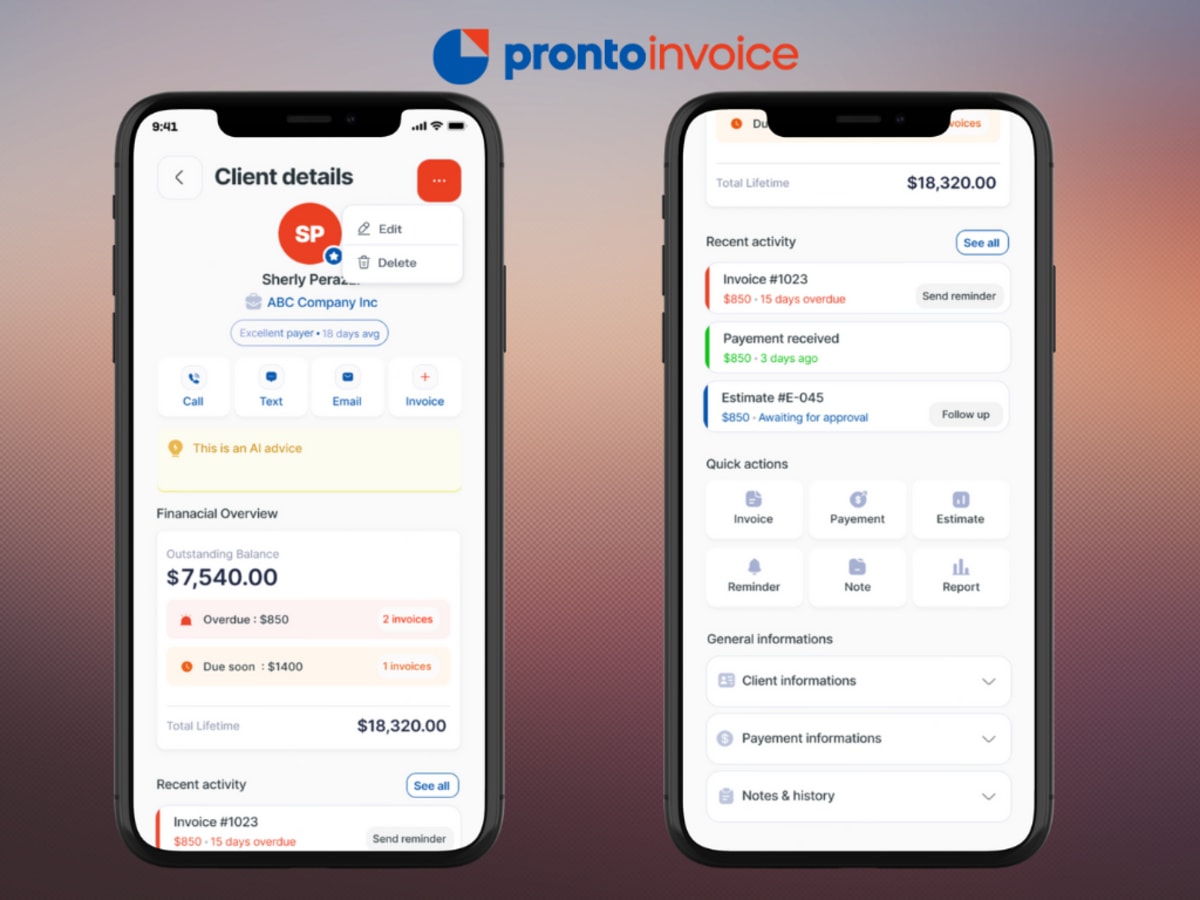 Pronto Invoice mobile screens