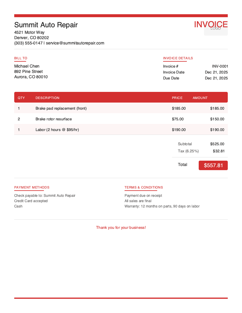 Modern Auto Repair Invoice Template