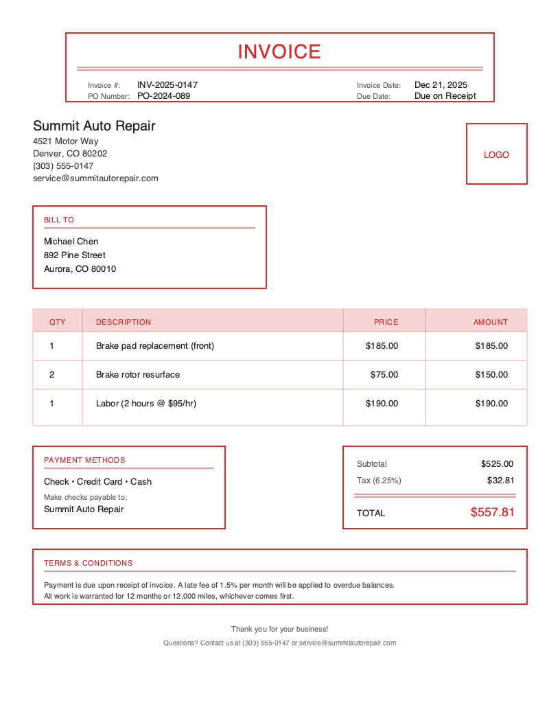 Classic Auto Repair Invoice Template