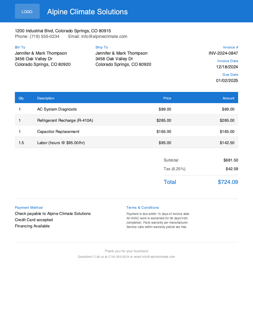 Free HVAC Invoice Template Preview