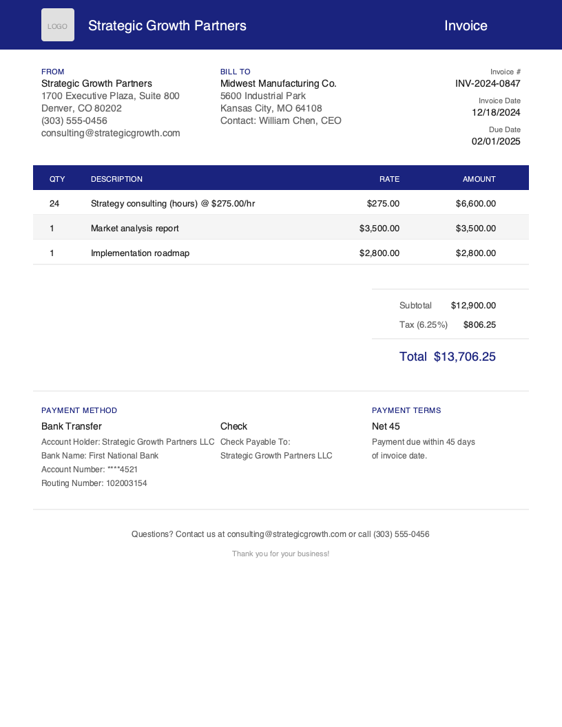 Free Consulting Invoice Template Preview