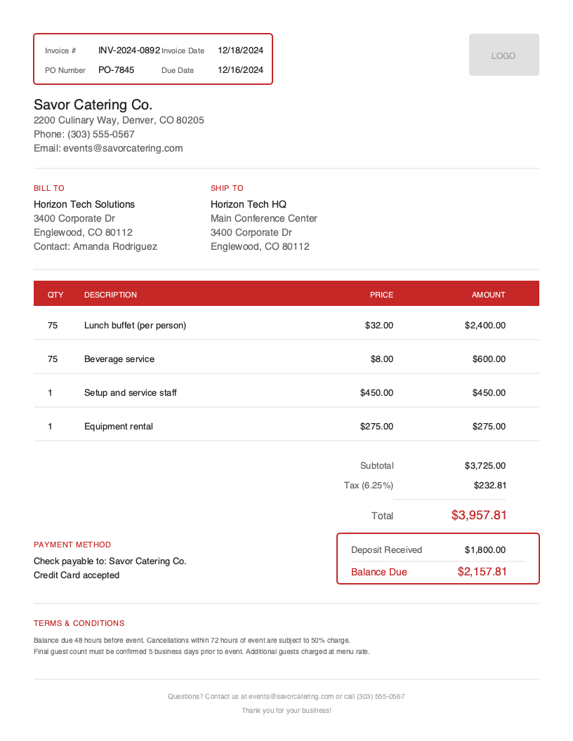 Free Catering Invoice Template Preview