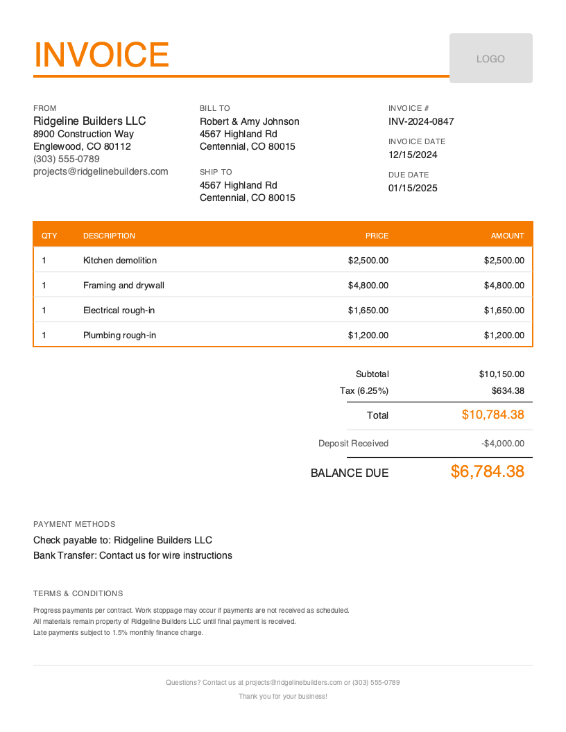 Free Construction Invoice Template Preview