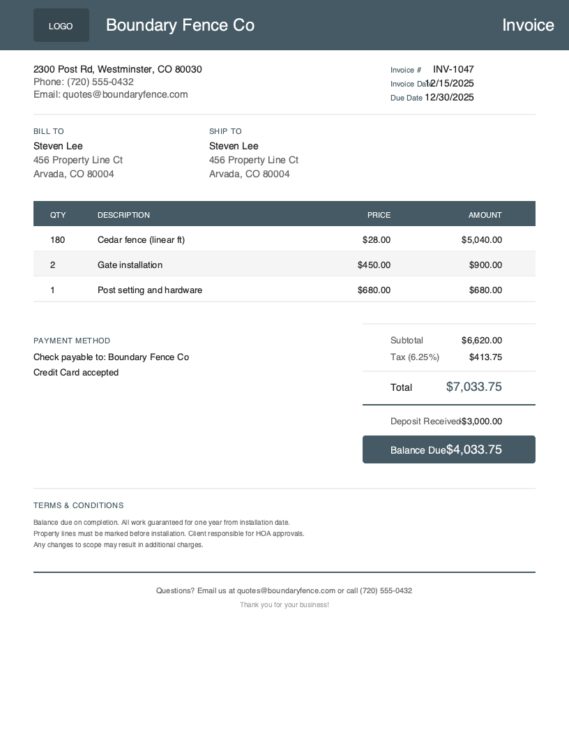 Free Fencing Invoice Template Preview