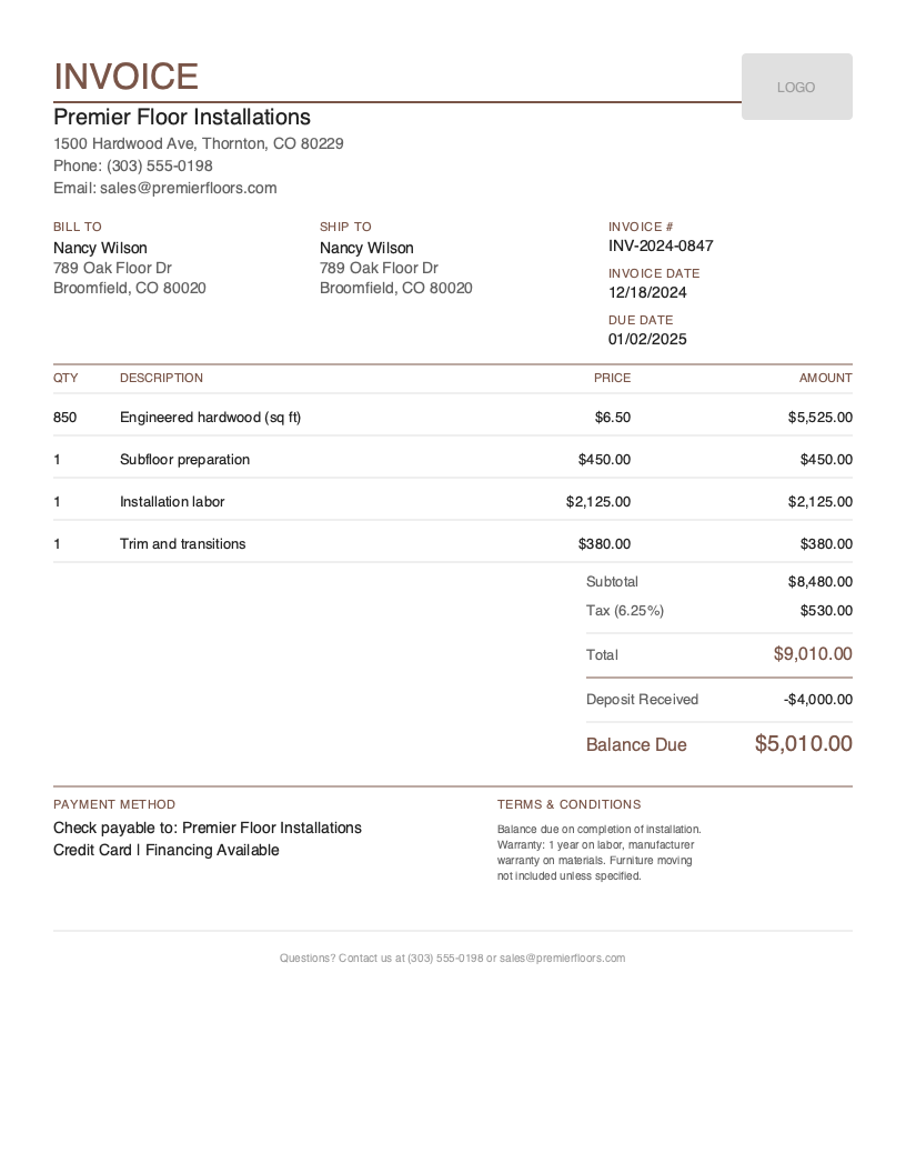 Free Flooring Invoice Template Preview