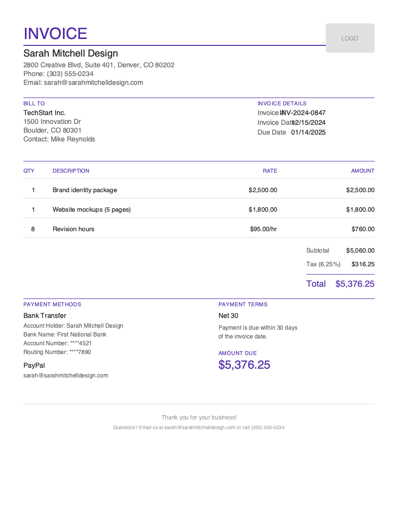 Free Freelance Invoice Template Preview