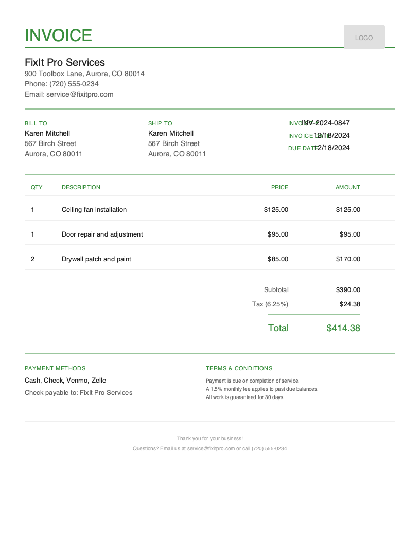 Free Handyman Invoice Template Preview