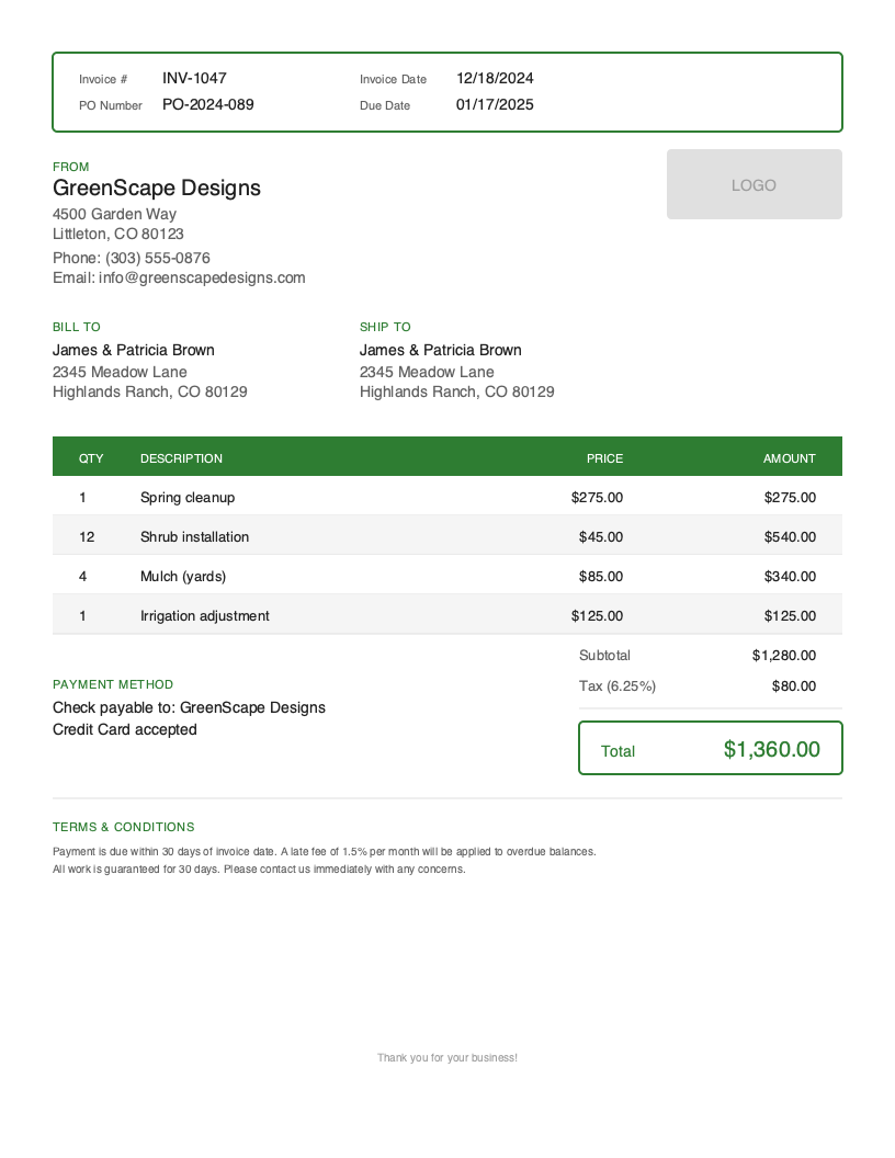 Free Landscaping Invoice Template Preview