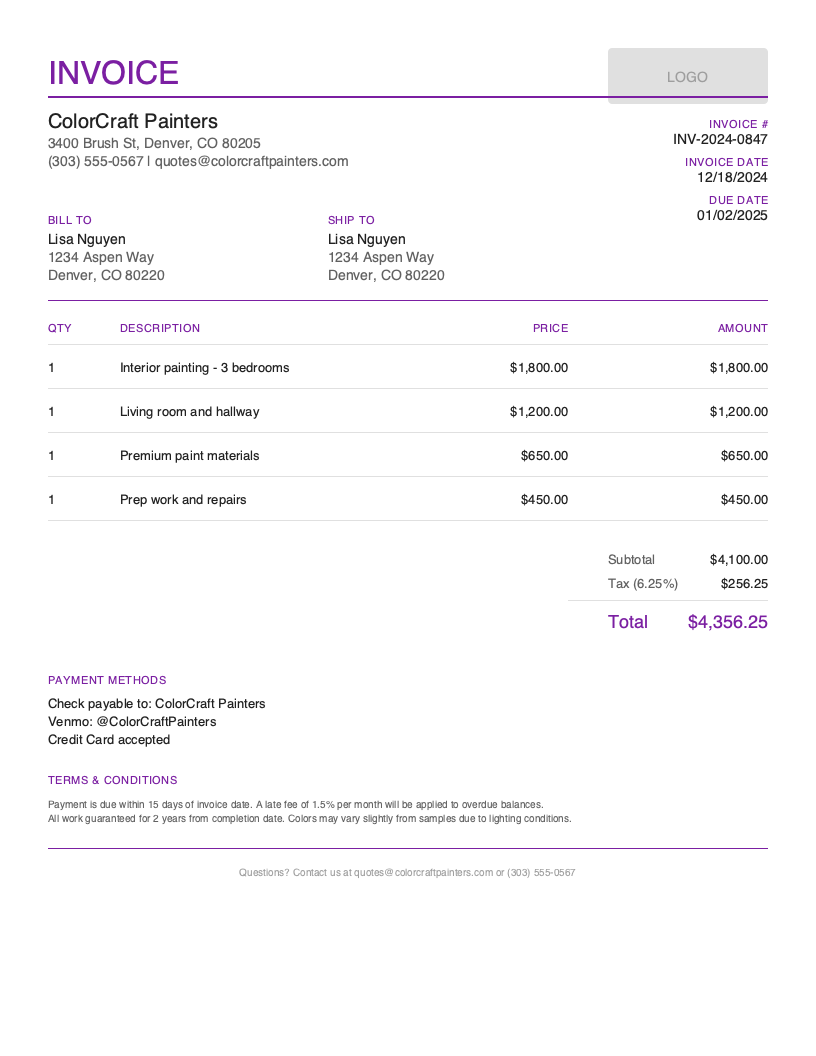 Free Painting Invoice Template Preview