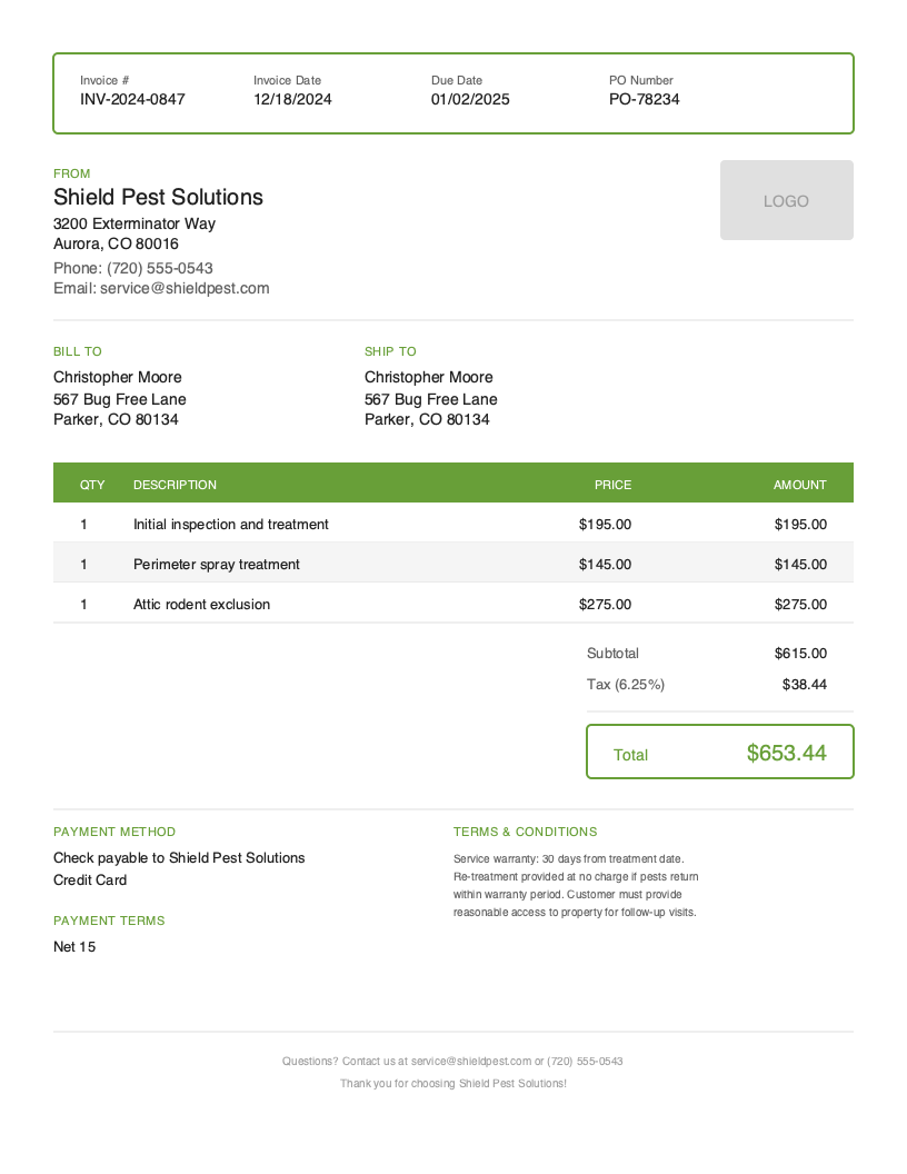 Free Pest Control Invoice Template Preview