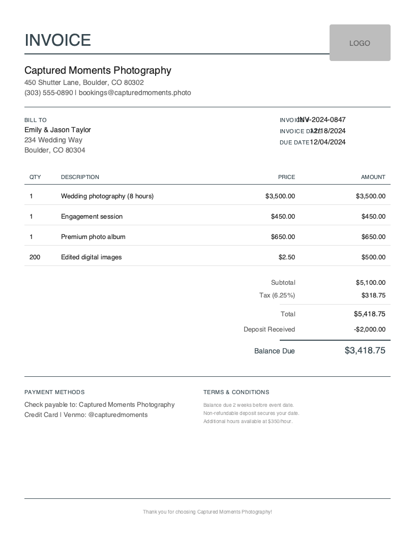 Free Photography Invoice Template Preview