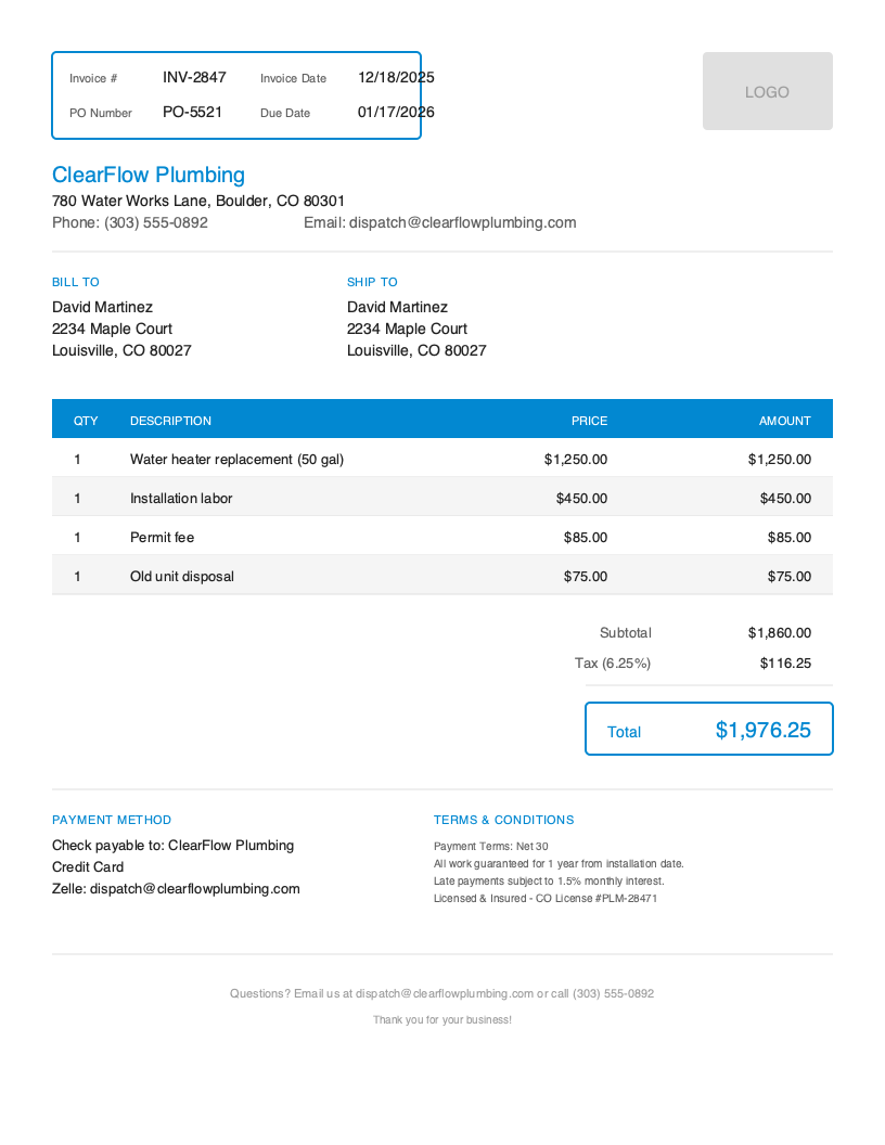 Free Plumbing Invoice Template Preview