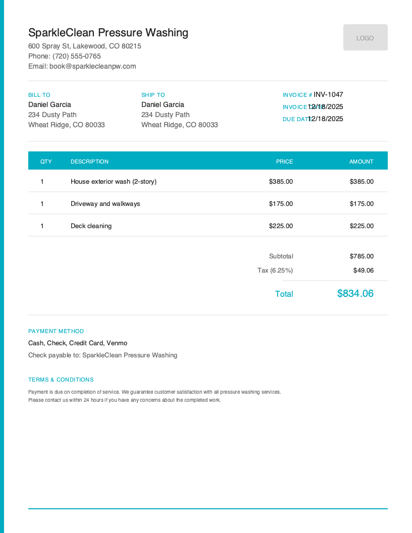 Free Pressure Washing Invoice Template Preview