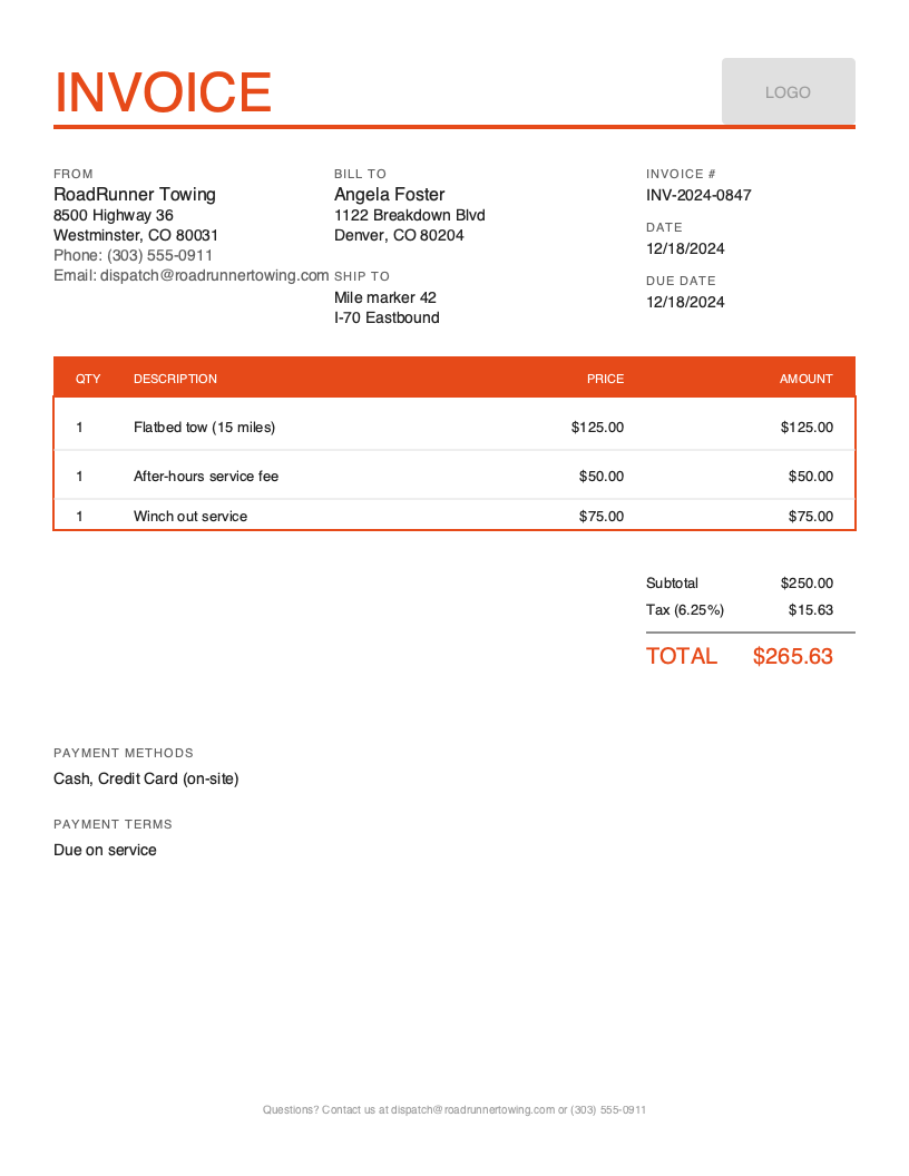 Free Towing Invoice Template Preview