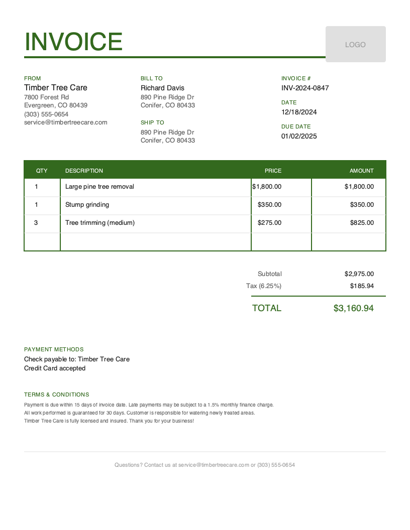 Free Tree Service Invoice Template Preview