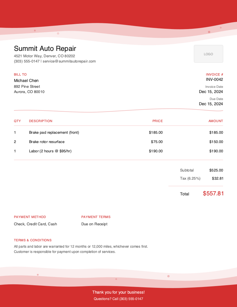 Artistic Auto Repair Invoice Template