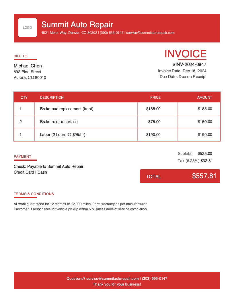 Auto Repair Invoice Template