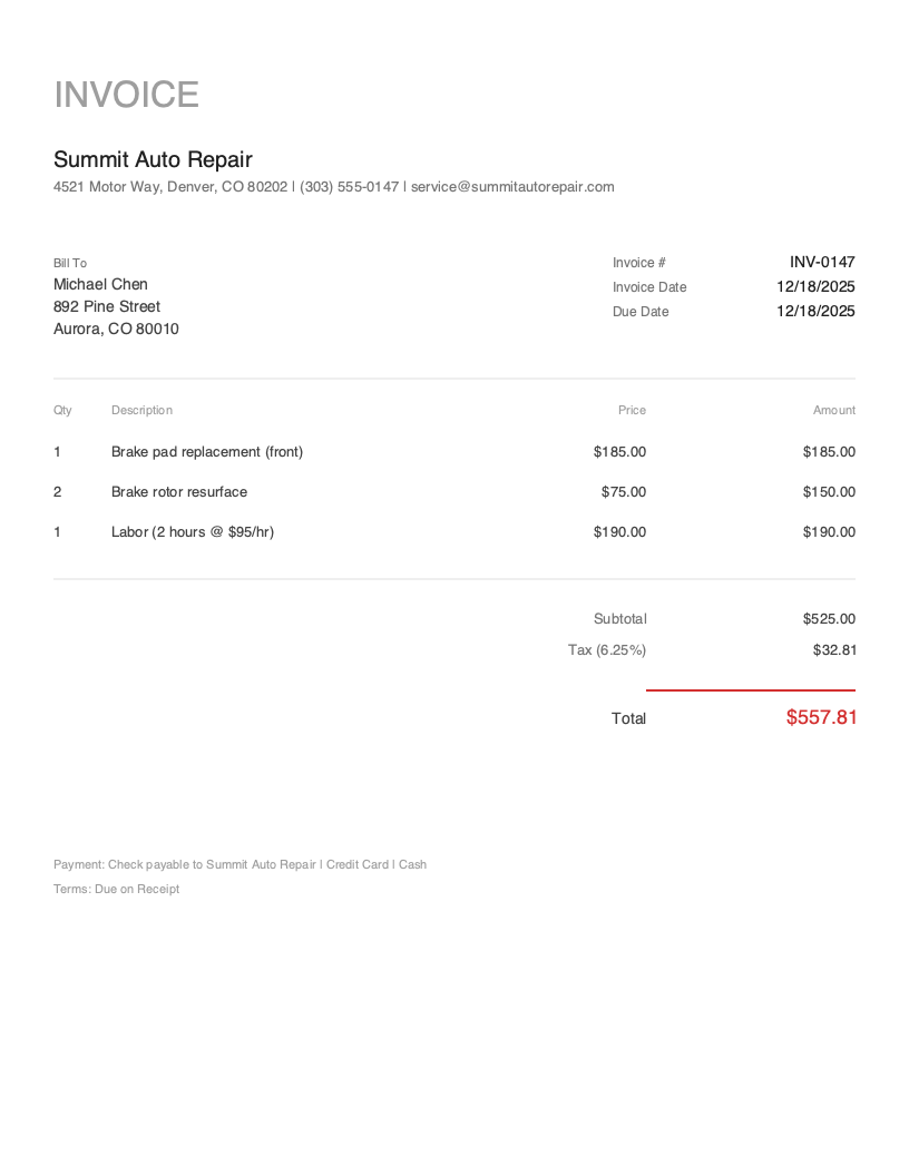 Minimal Auto Repair invoice template preview