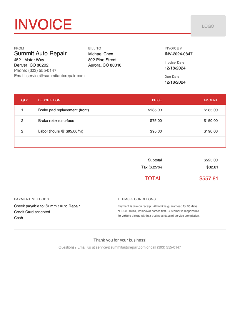 Free Auto Repair Invoice Template Preview