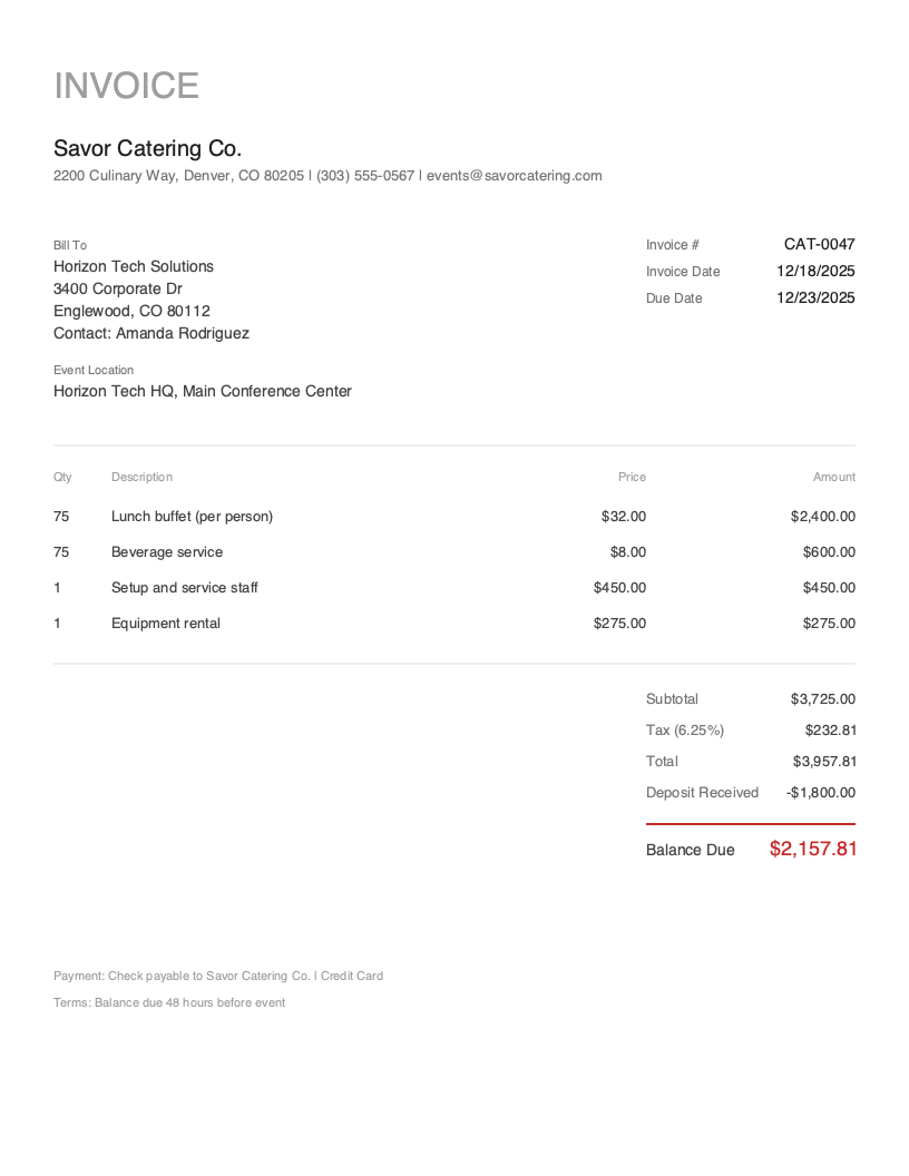 Minimal Catering invoice template preview
