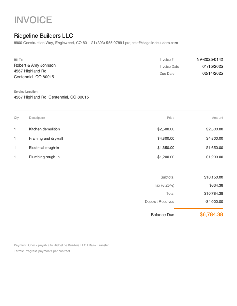 Minimal Construction invoice template preview