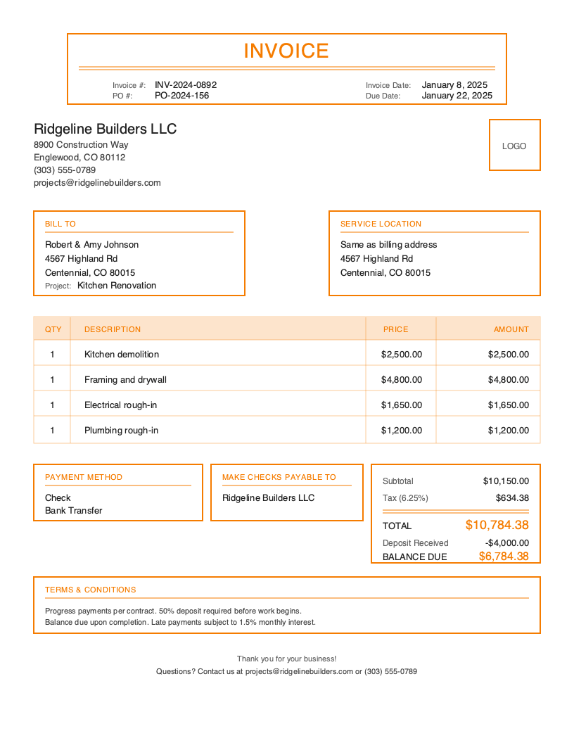 Classic Construction Invoice Template