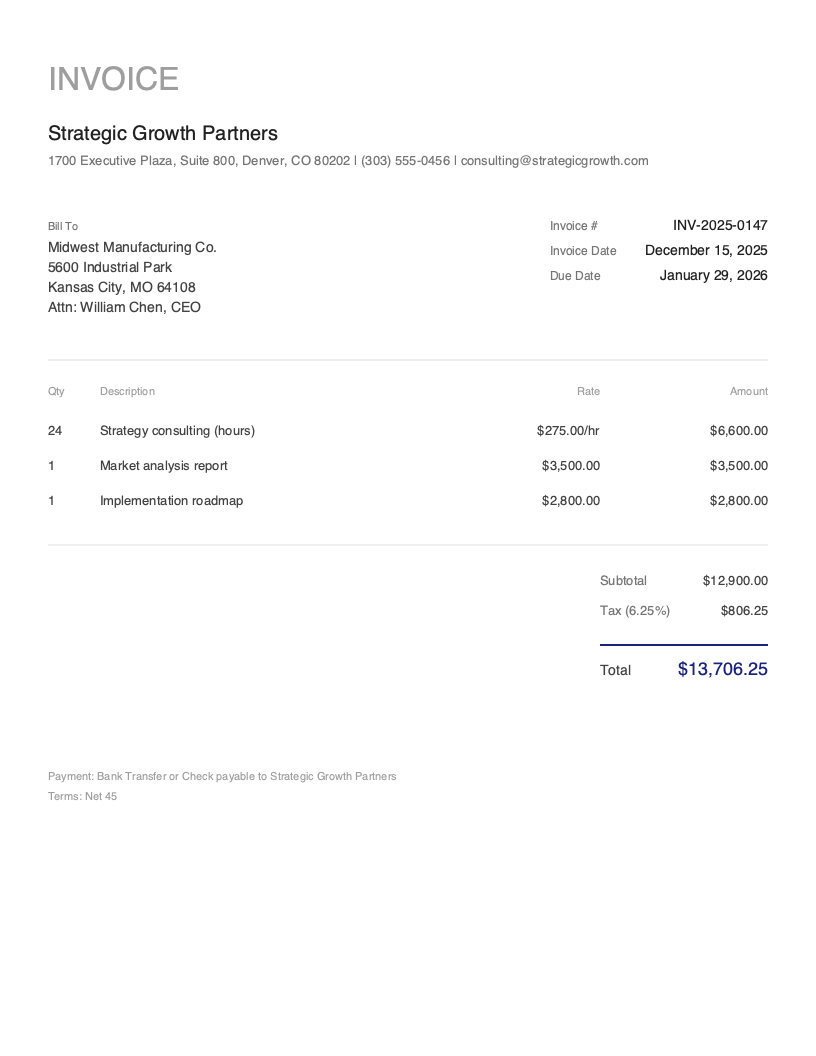Minimal Consulting invoice template preview