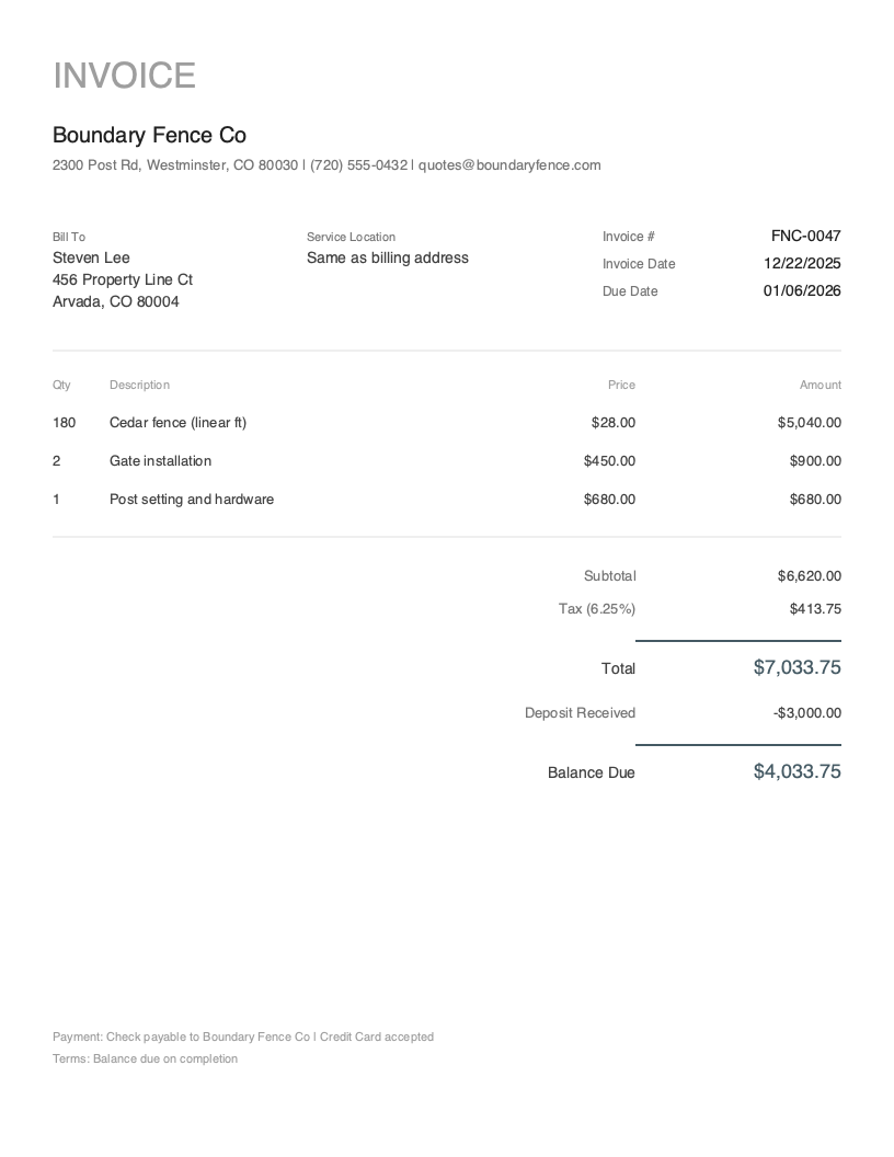 Minimal Fencing Invoice Template