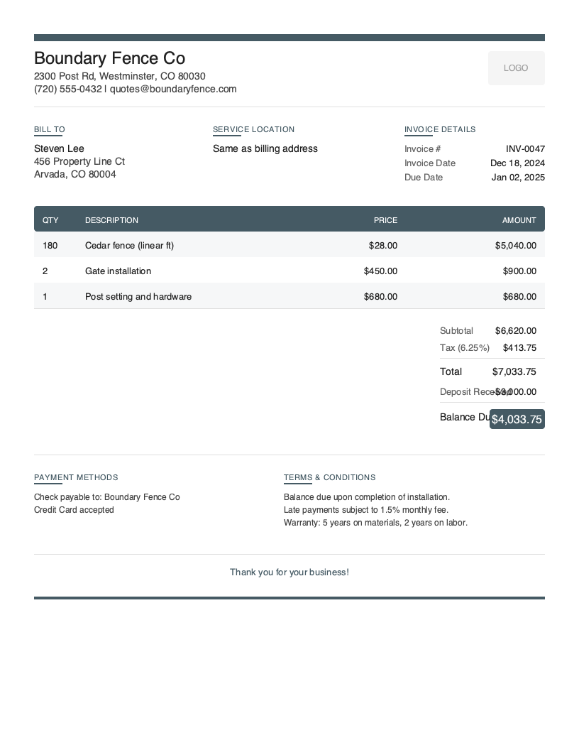 Modern Fencing Invoice Template