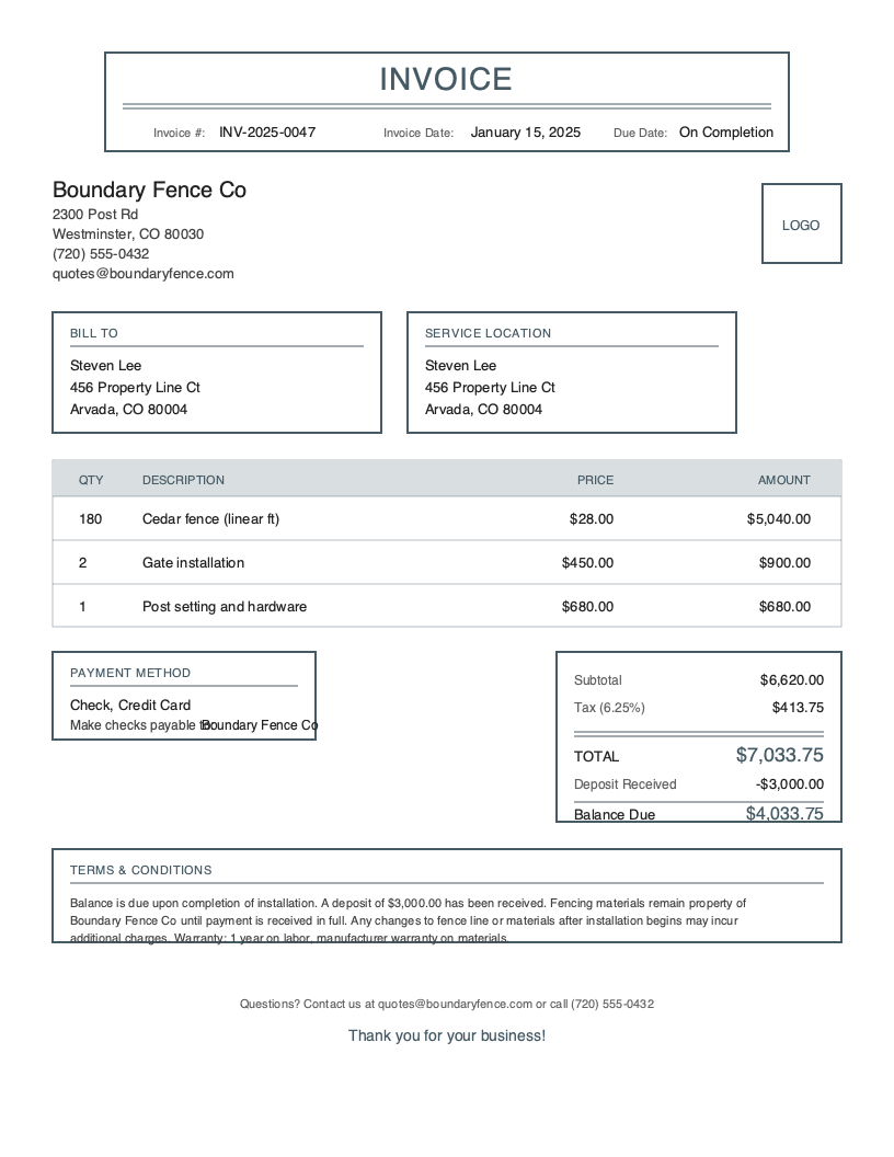 Classic Fencing invoice template preview