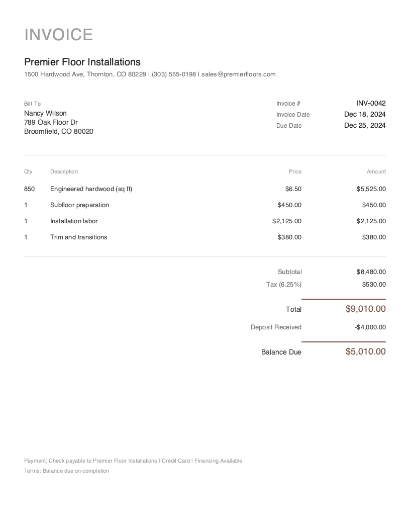 Minimal Flooring invoice template preview