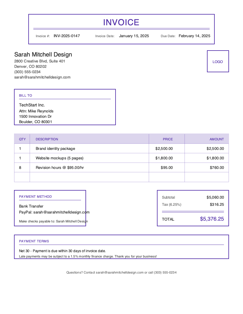 Classic Freelancing invoice template preview