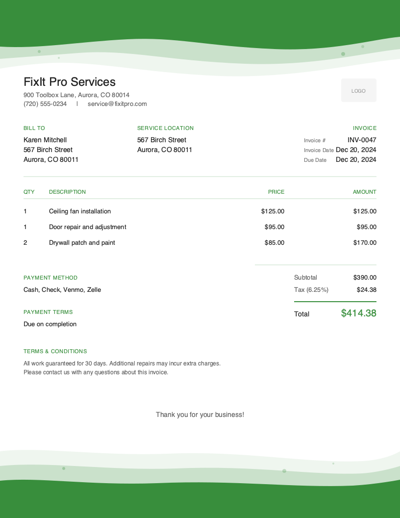 Handyman Invoice Template