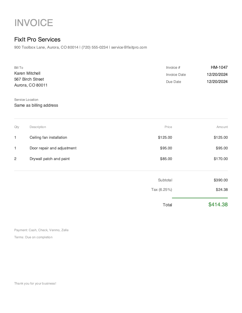Minimal Handyman Invoice Template