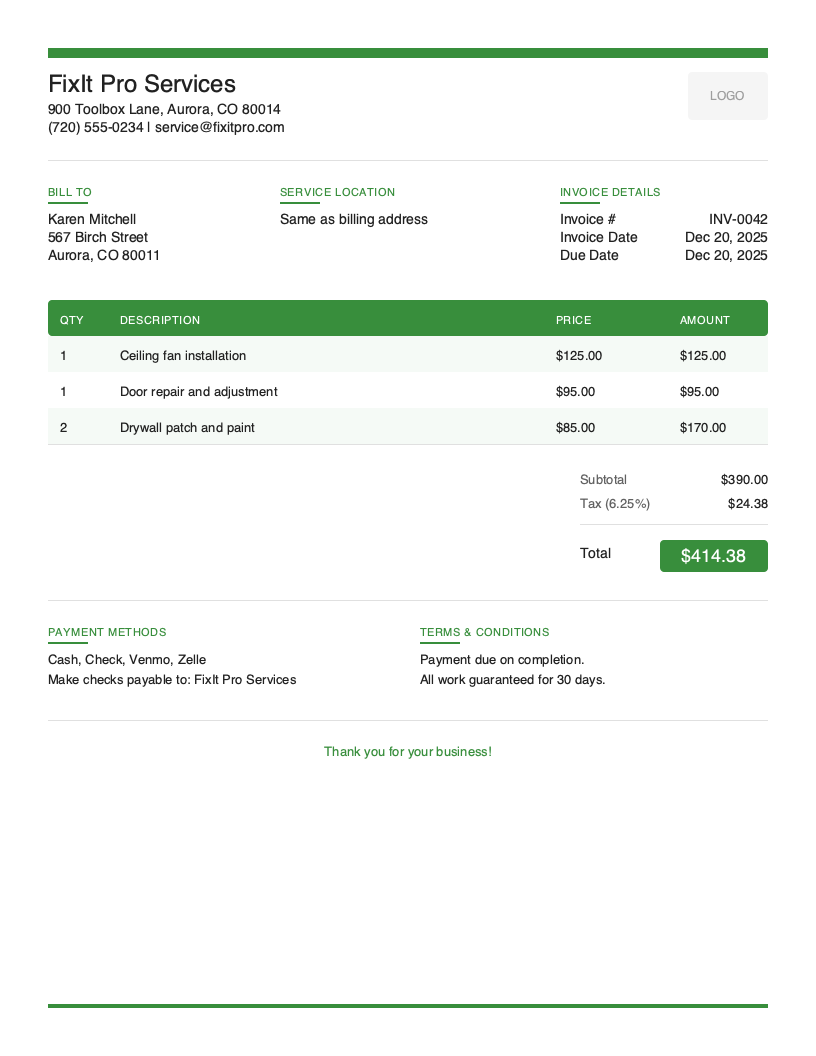 Modern Handyman Invoice Template