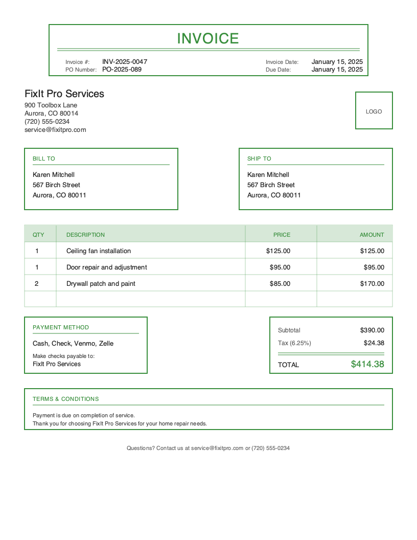 Classic Handyman invoice template preview