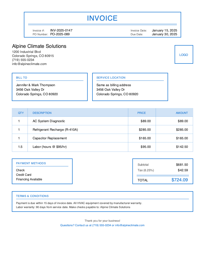 Classic HVAC invoice template preview