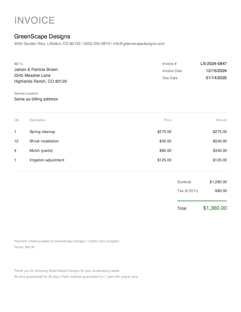 Minimal Landscaping invoice template preview