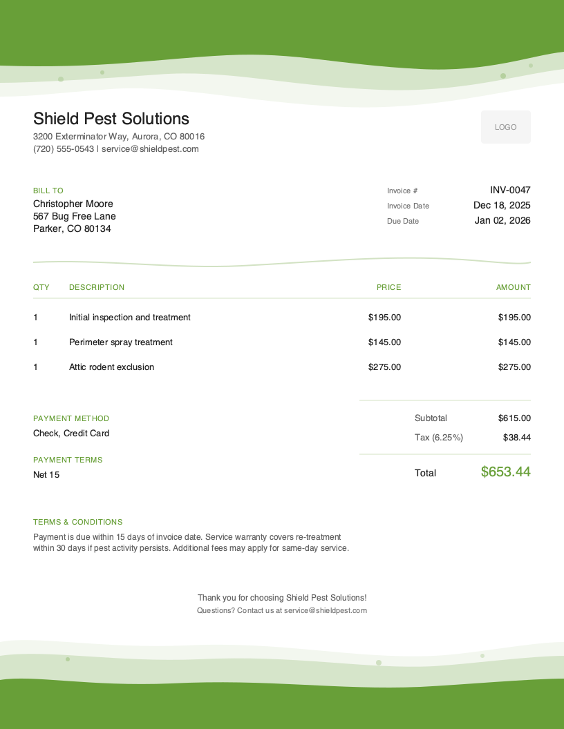 Artistic Pest Control invoice template preview