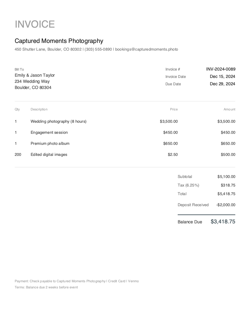 Minimal Photography invoice template preview