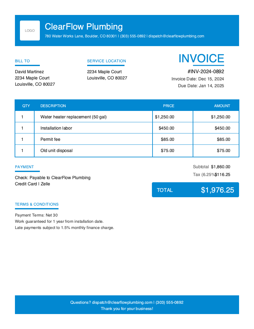 Plumbing Invoice Template