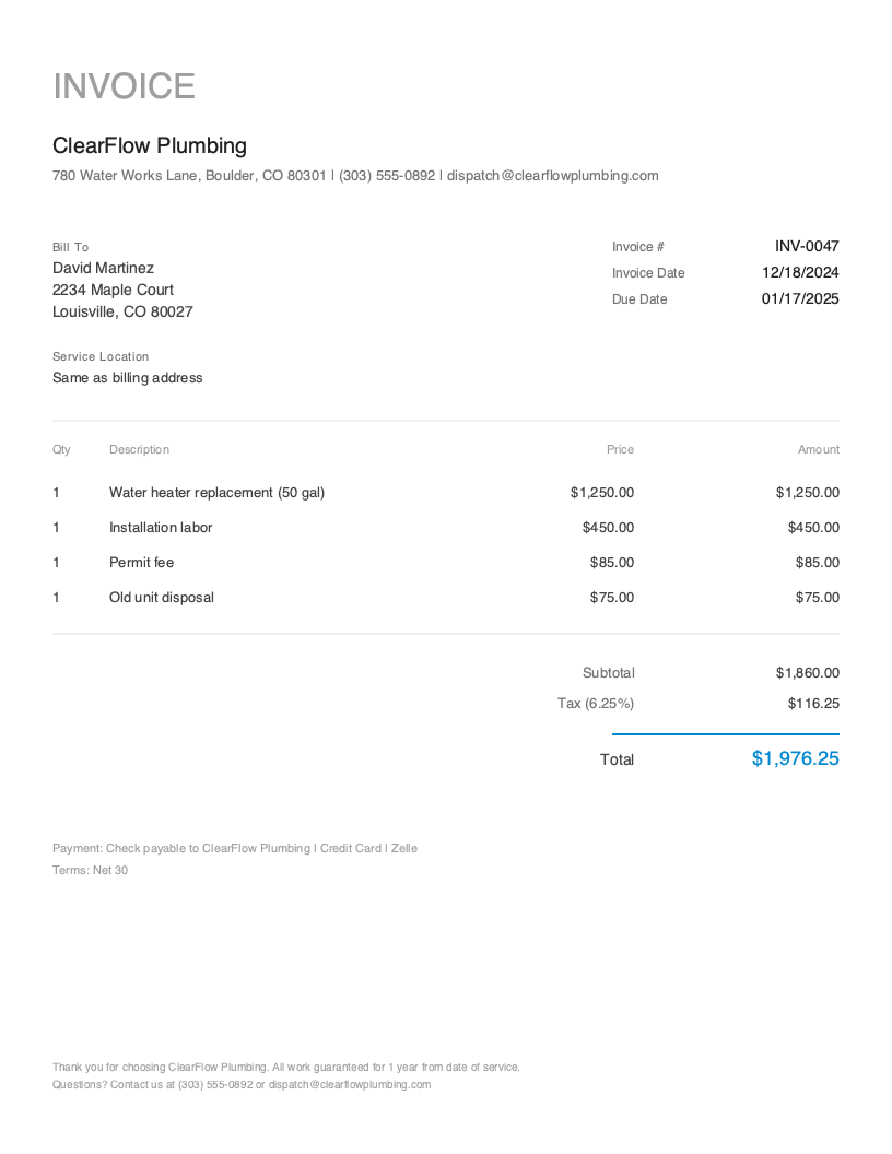 Minimal Plumbing invoice template preview