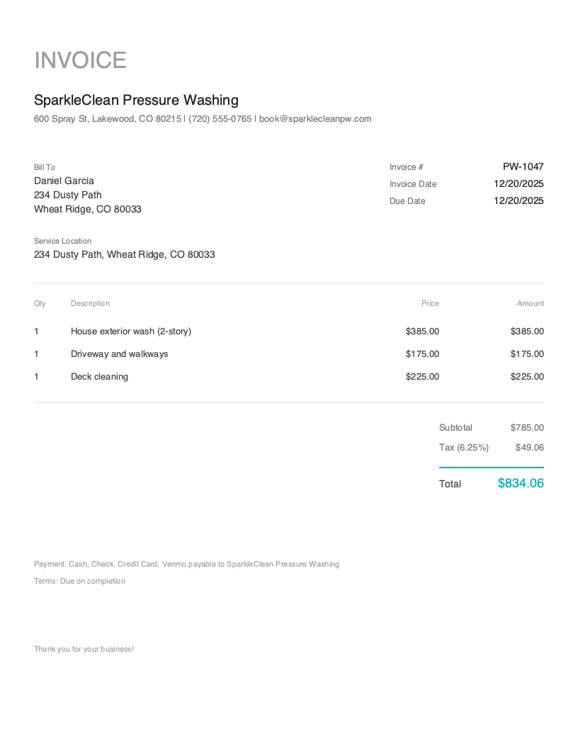 Minimal Pressure Washing invoice template preview