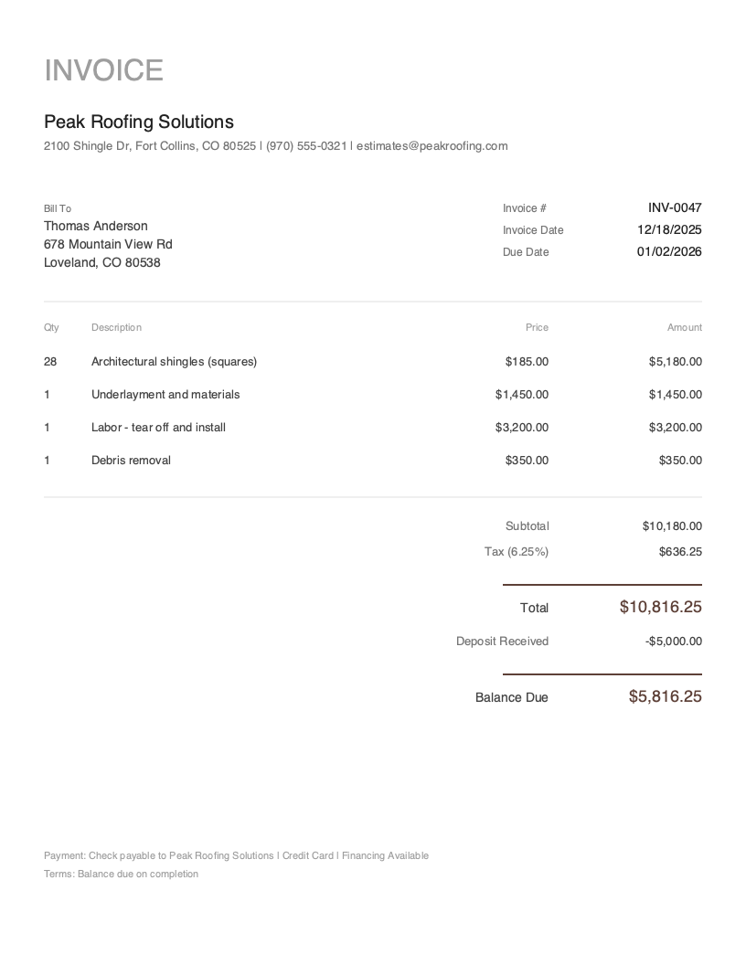 Minimal Roofing invoice template preview