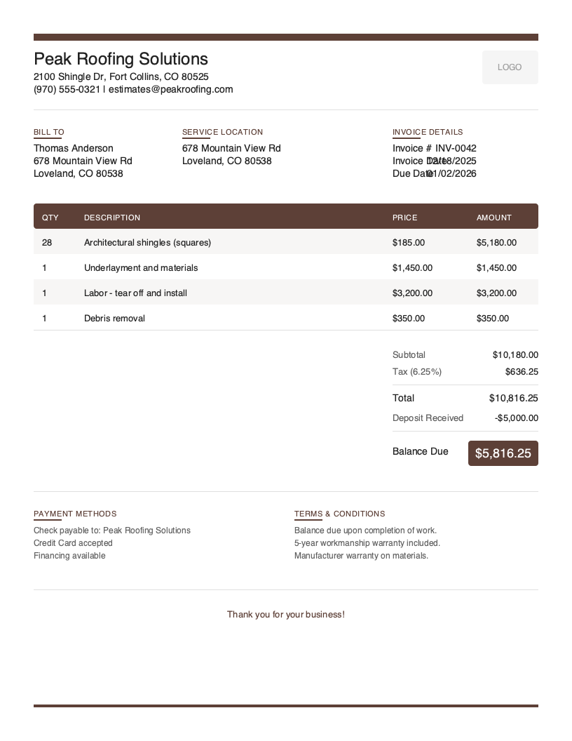 Modern Roofing Invoice Template
