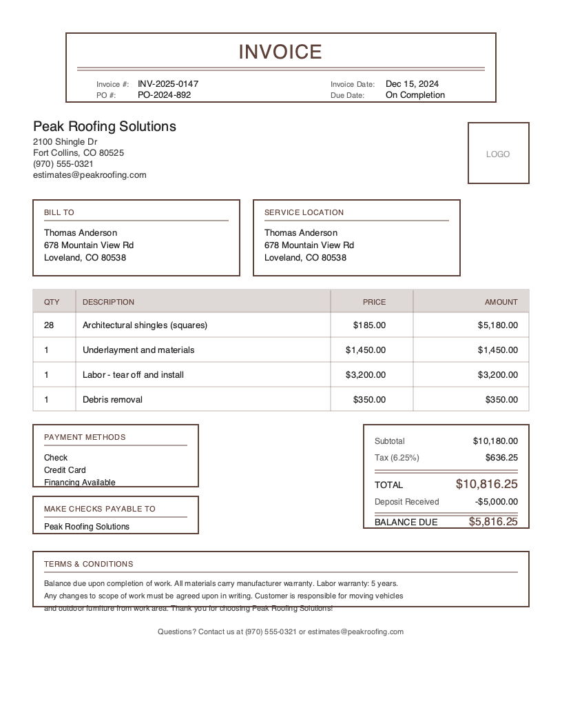 Classic Roofing Invoice Template