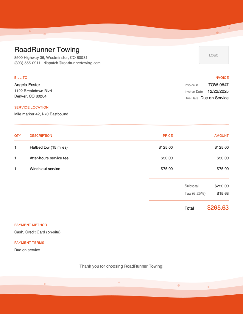 Artistic Towing invoice template preview